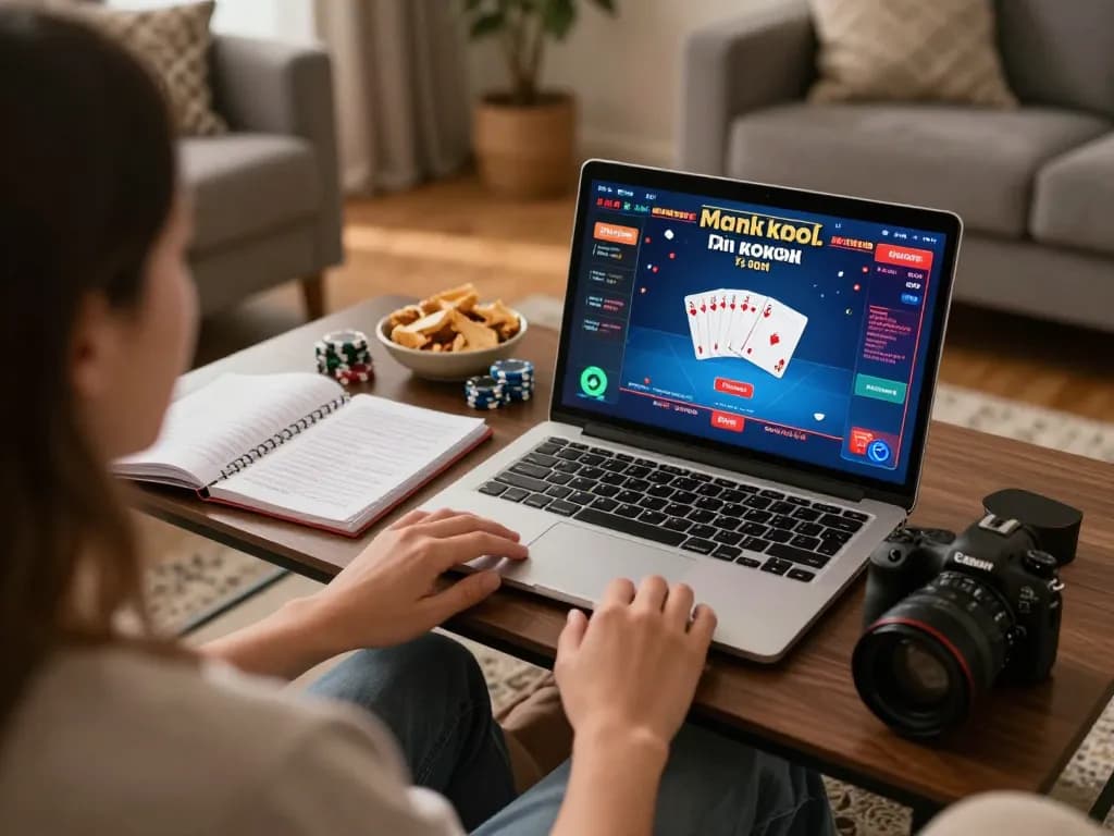 Engaging online poker session at home with 88aa interface displayed on laptop, showcasing strategic gameplay.