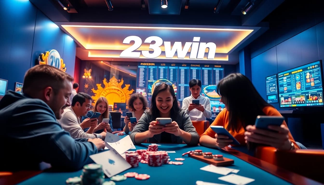 Exciting gaming scene at 23win with diverse players enjoying online casino games.