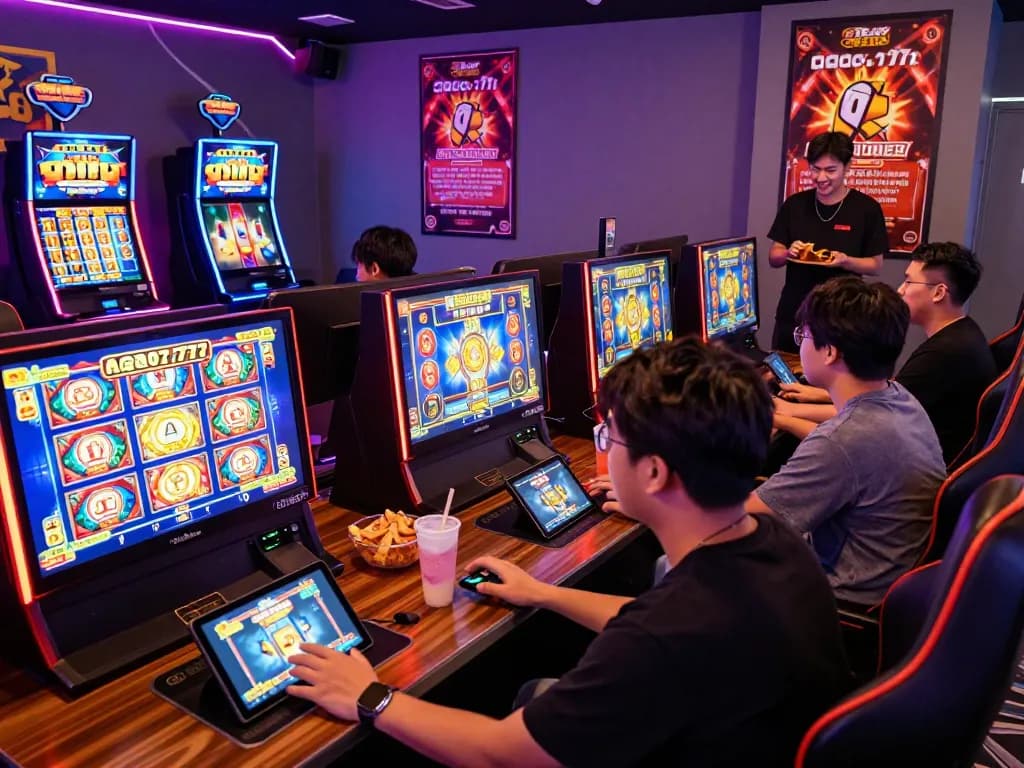 Group of players enjoying slot gacor 777 games in vibrant gaming lounge.