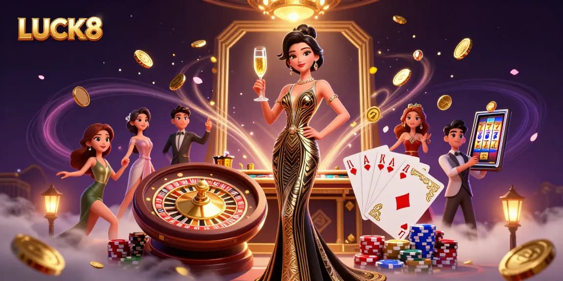Experience the thrill of LUCK8 with a glamorous casino scene featuring elegant gaming elements and vibrant action.