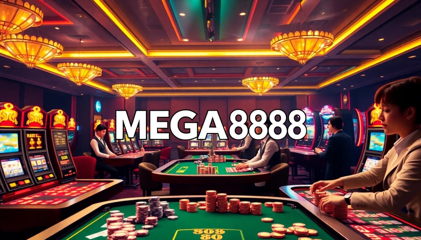 Experience the thrill of MEGA888 with vibrant casino elements, slot machines, and engaged players.
