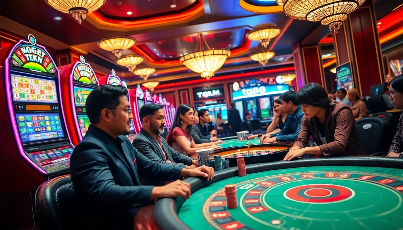Players reveling in the tg88 casino experience, showcasing jackpot winning moments at slot machines.