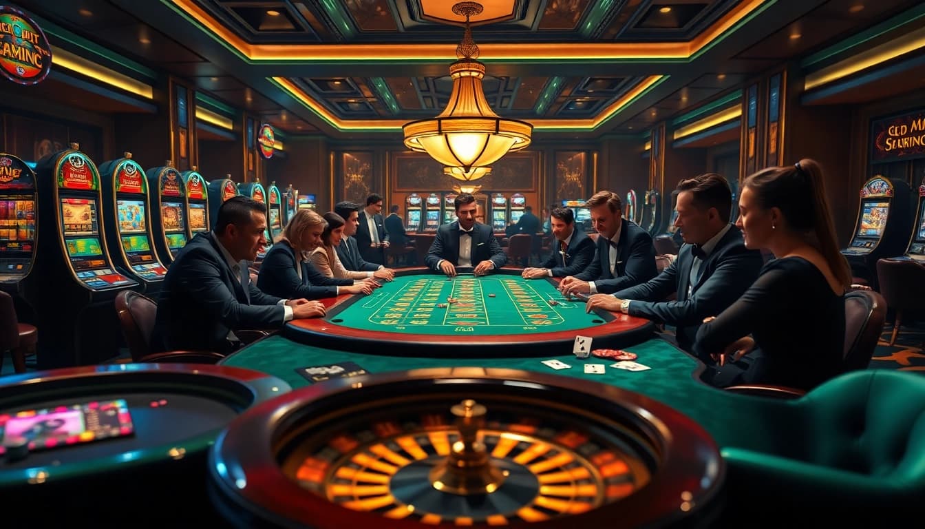 SX88 themed casino scene showcasing luxurious gambling excitement with players at a poker table.
