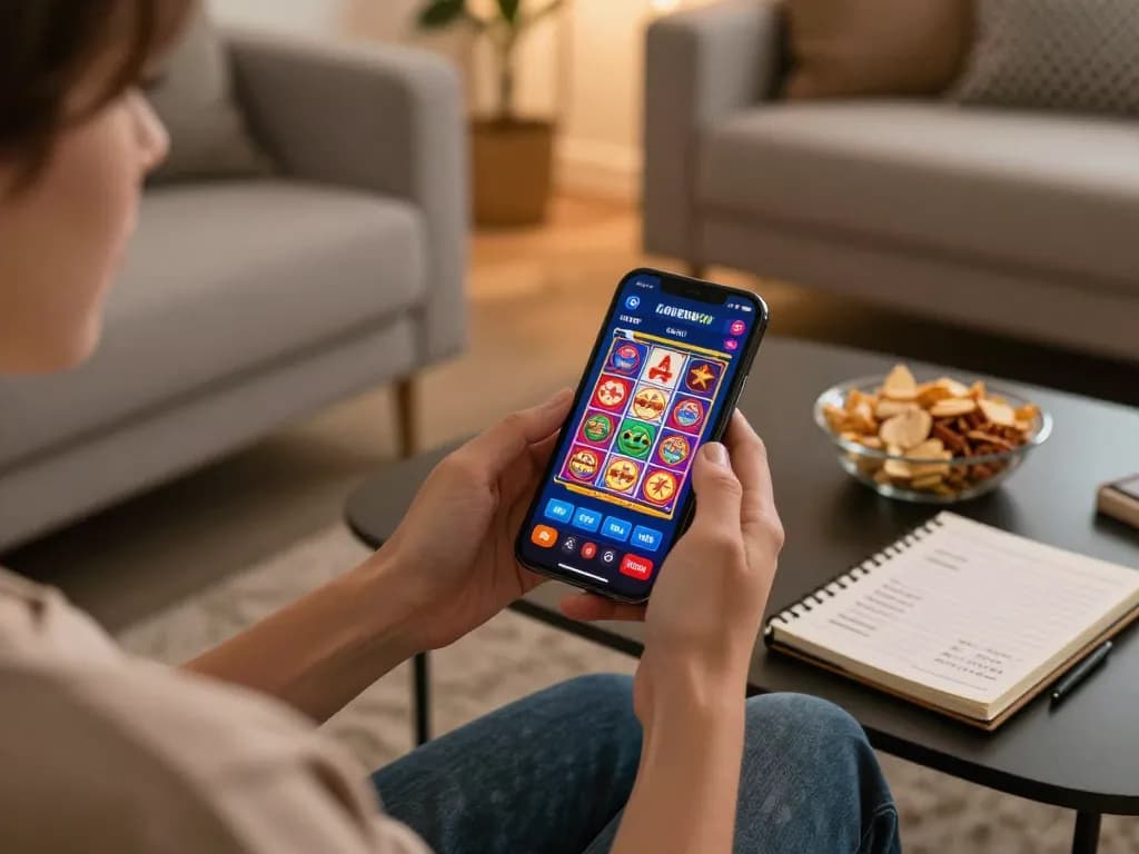 Engaging in mobile gambling with OKKING app, cozy home setup showcasing vibrant slots
