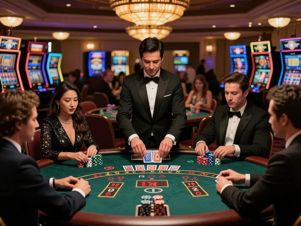 Pemain yang terlibat di meja blackjack Gsc108 merencanakan taruhan di kasino mewah.