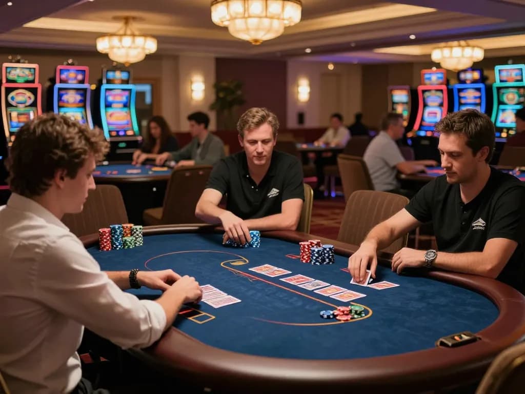 KUWIN players engaged in intense poker gameplay at an upscale casino with warm lighting