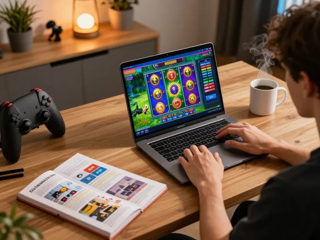 Engaging online gaming session featuring FC88 with colorful slot graphics and strategy guide at hand.