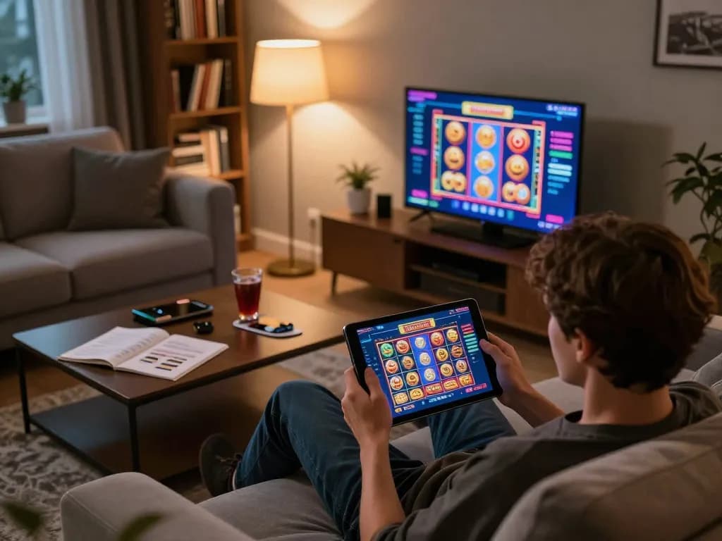 Engaging online gaming scene demonstrating de bedste casinoer uden om rofus with a cozy setup and vibrant gameplay.