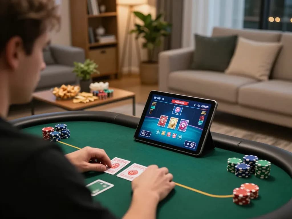 Kuwin player enjoying a poker game on a tablet in a cozy home setting, showcasing casual online gambling experience