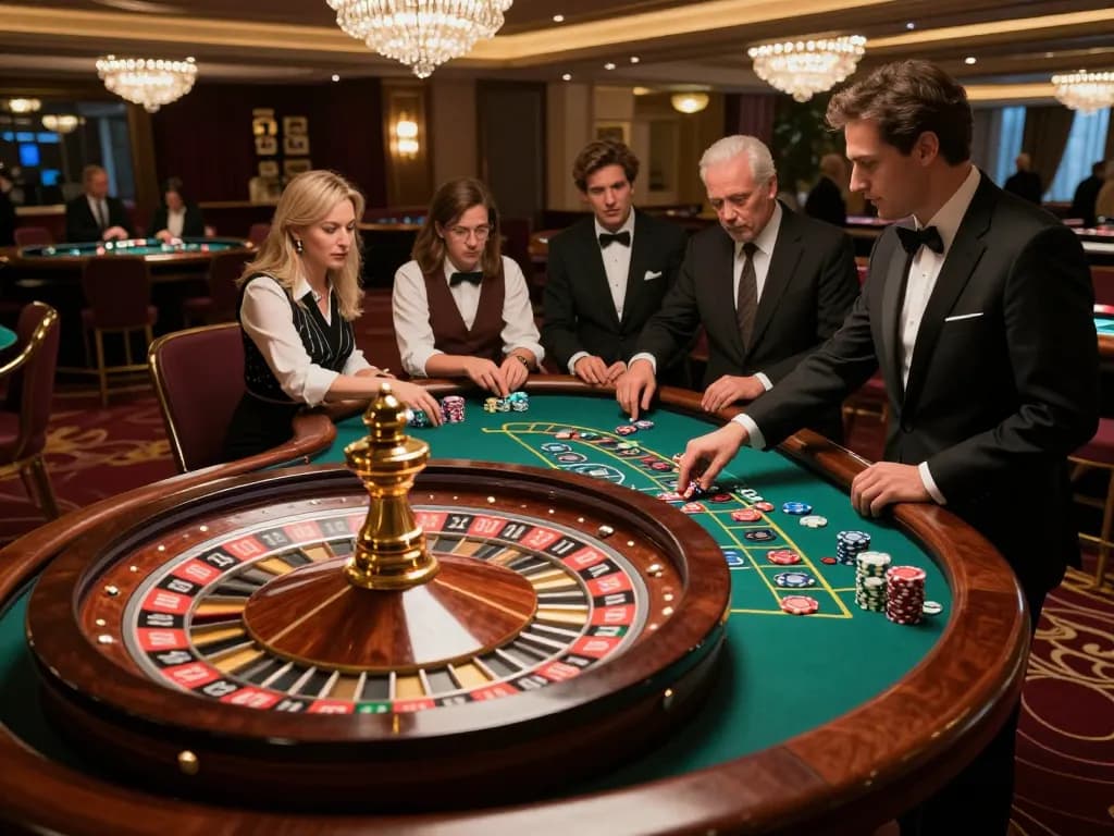 gg88 players eagerly watching roulette wheel spin in vibrant luxury casino setting