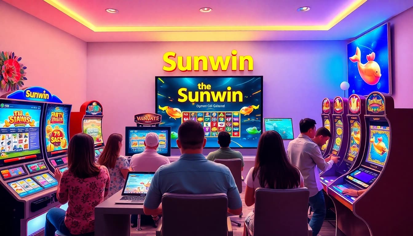 Sunwin gaming platform with diverse players enjoying card games and slots.