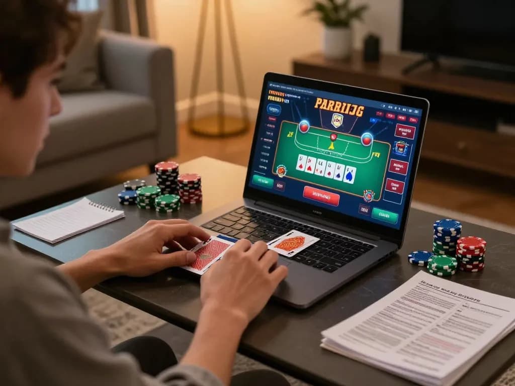 Permainan blackjack yang menarik di laptop di rumah, menampilkan lingkungan bermain yang bertanggung jawab dengan catatan strategis, menekankan https://www.crosstonerestaurant.com/vegetarian.html.