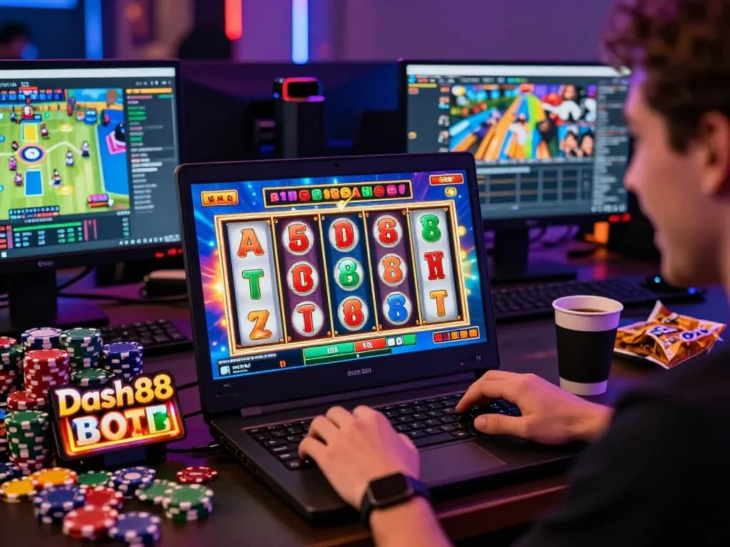 Player enjoying exciting Dash88 slot game on laptop with vibrant visuals and ambient lighting.