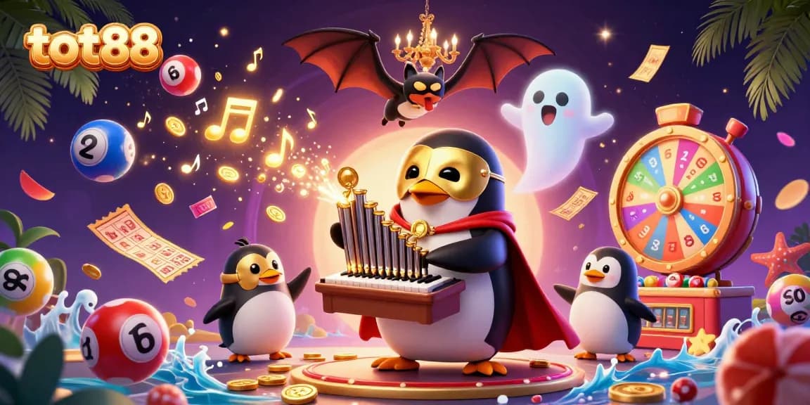 Tot88 engaging casino scene with a penguin organist, colorful lottery elements, and gold coins.
