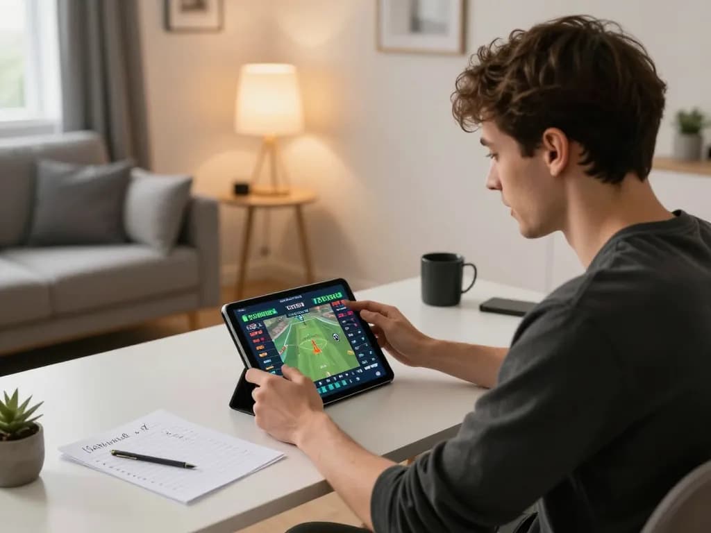 Active engagement in online sports betting at nhà cái fun79 with tablet interface showing live game odds