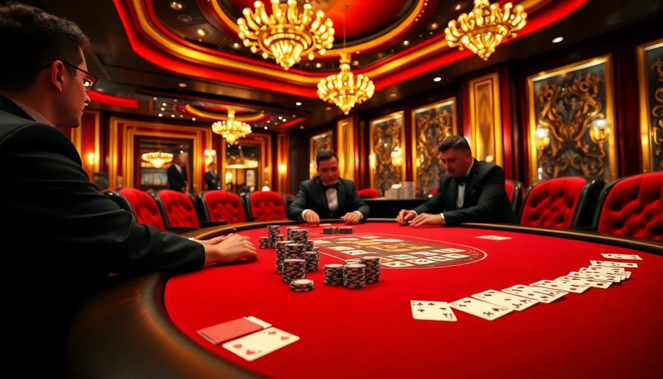 Players engaging in high-stakes poker at a luxurious casino featuring f168-themed decor.