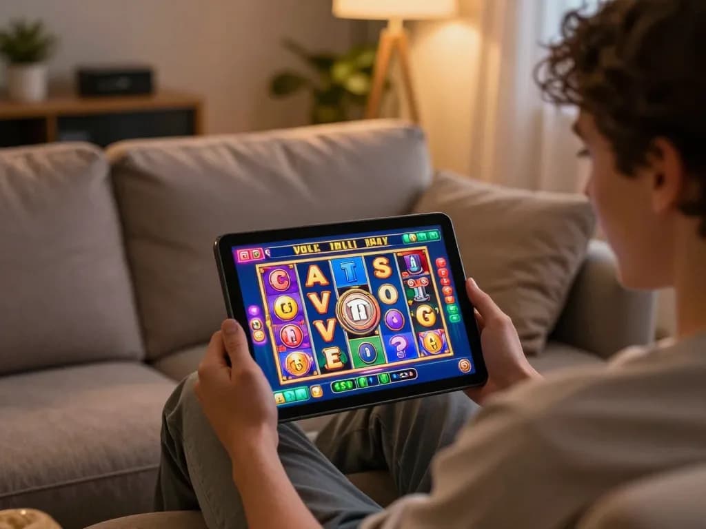 Pemain mengalami aksi mesin slot yang mendebarkan di tablet dalam suasana rumah yang nyaman.