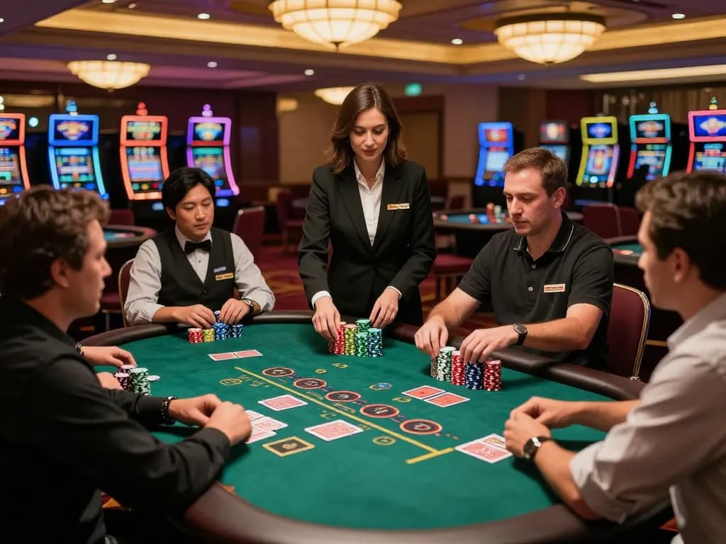 Hitclub players enjoying a thrilling blackjack game, dealer dealing cards in a vibrant casino setting.