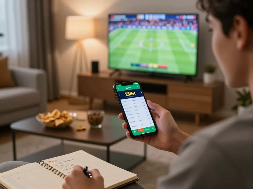 Excited user engaging with the 28Bet sports betting app on smartphone during live sports event.