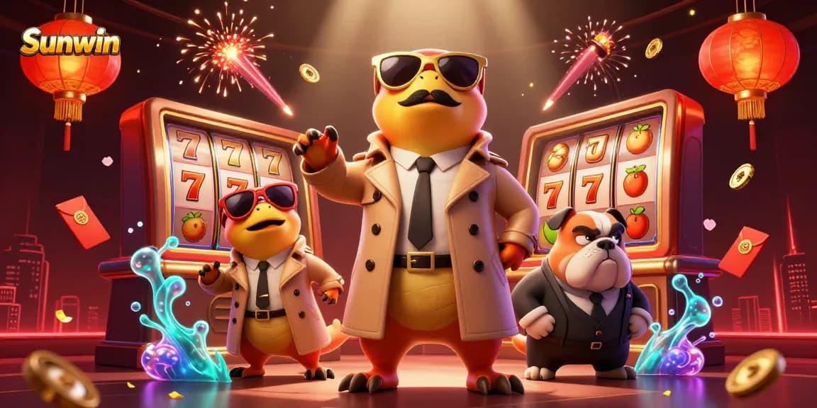 Sunwin engages players with 3D raptors at a VIP casino, surrounded by slot reels and gold symbols.