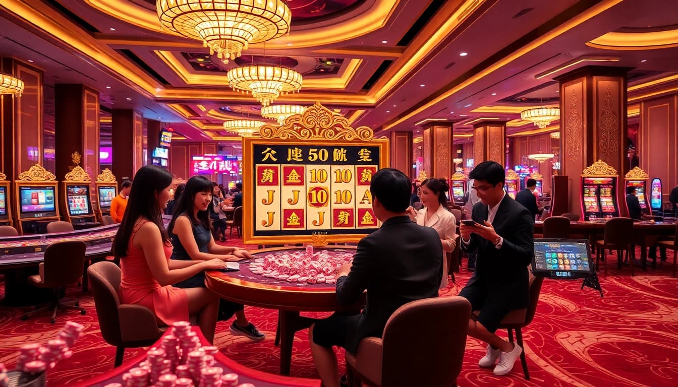 Experience the thrill of Nổ Hũ Đổi Thưởng at a luxury casino with vibrant slot machines and engaging gameplay.