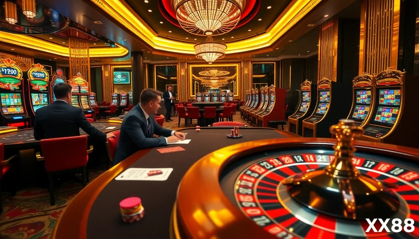 Players enjoying a thrilling poker game at XX88 casino with vibrant lights and betting slips.