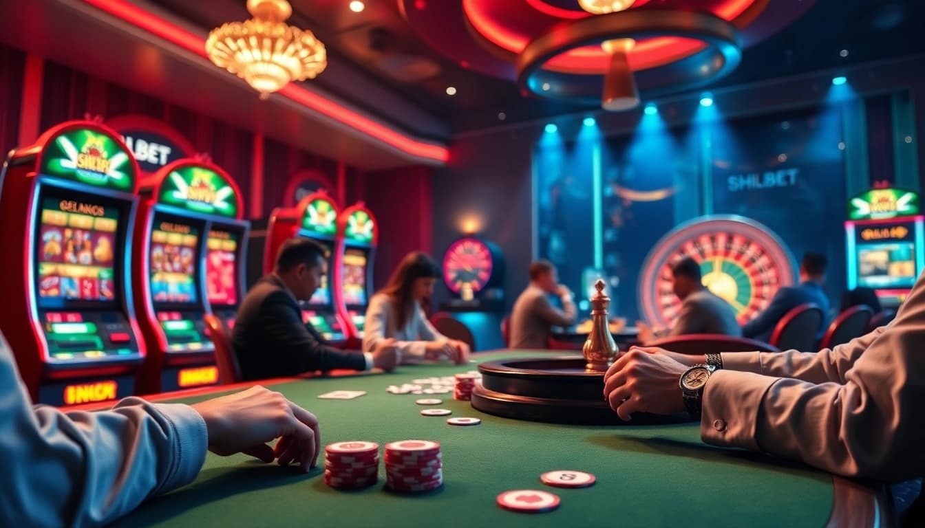 Engage with SHBET at a luxury casino table, where exciting poker action unfolds amidst glamorous slot machines.