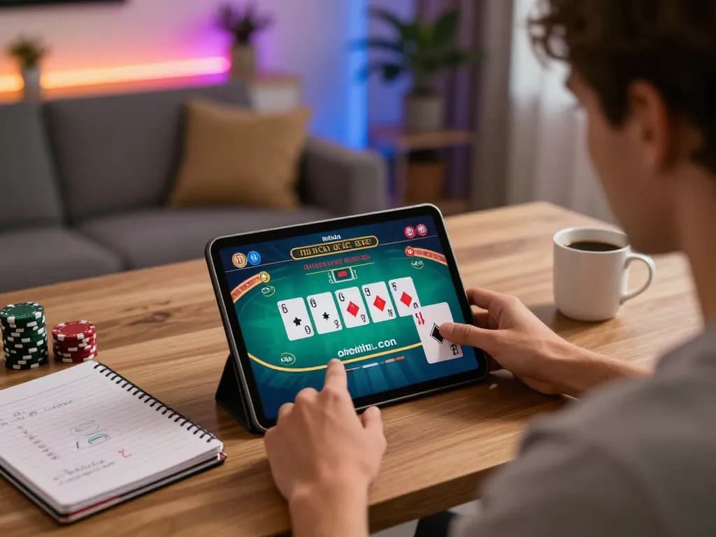 Engaging poker gameplay on almlive platform in a cozy home setting with tablet, notebook, and coffee.