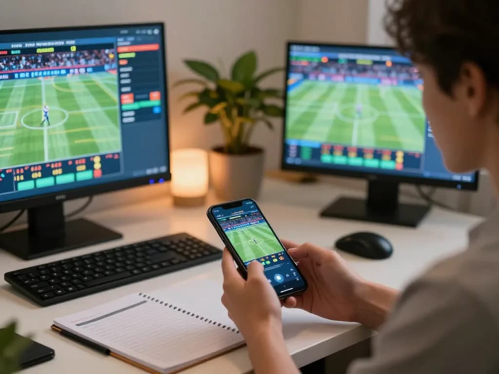 Engaged user placing bets on Tg88 com via mobile sports betting app in a stylish home office.