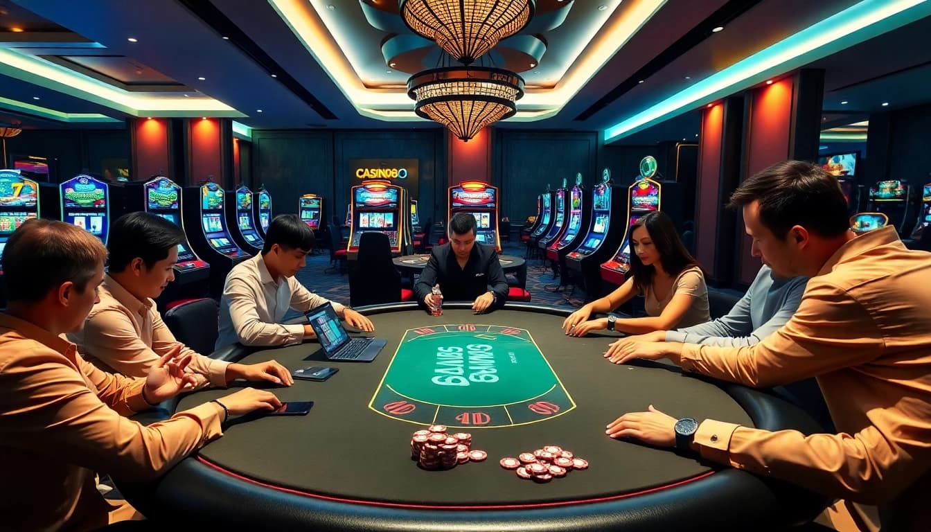 Players enjoying a thrilling game at 33win68 casino, surrounded by vibrant slot machines and gaming tables.