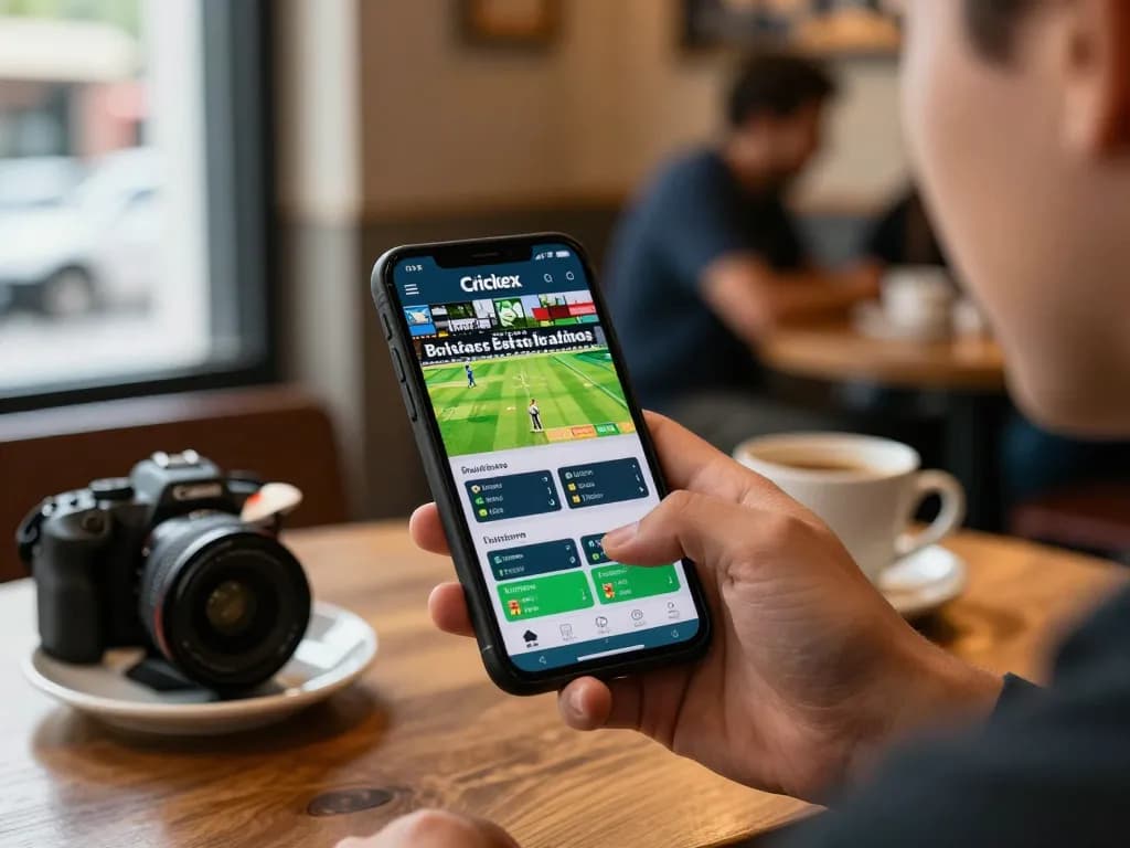 Crickex user placing live cricket bets on mobile app while enjoying coffee in cozy coffee shop.