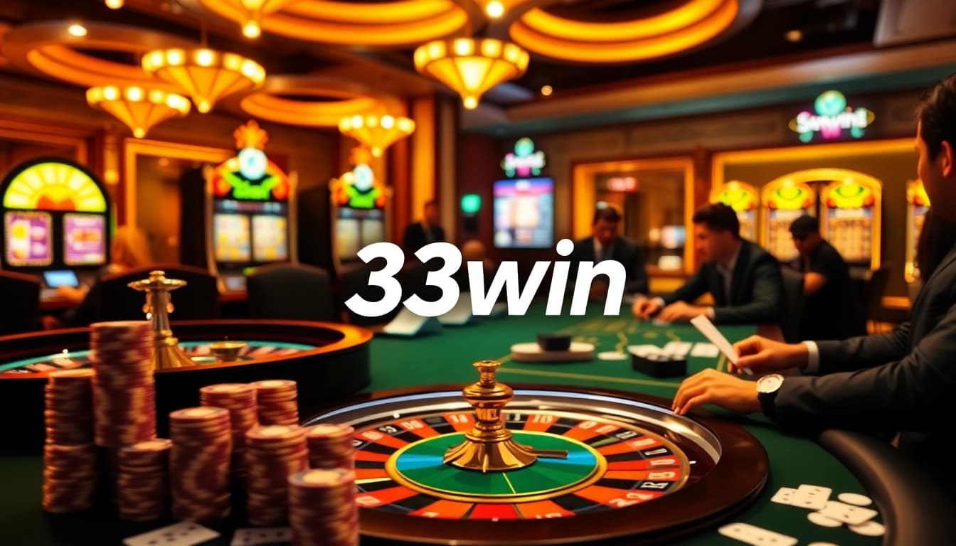 Players engage with 33win's exciting online casino experience featuring poker, roulette, and slot machines.