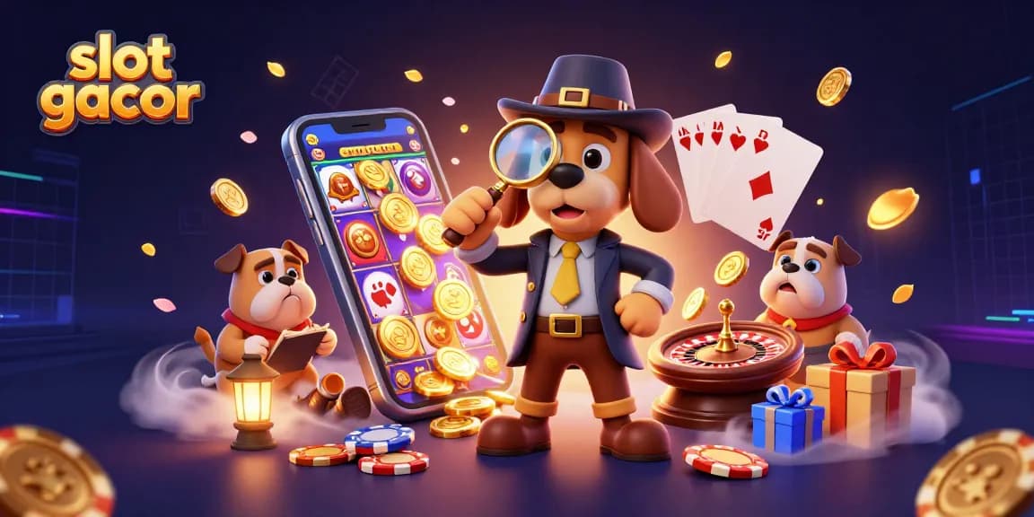Engage with slot gacor excitement featuring a detective bloodhound and treasure clues in a vibrant casino scene.