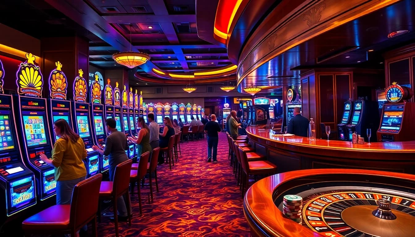 Players engaging with slot machines in a glamorous casino setting, highlighting excitement and dynamic gameplay.