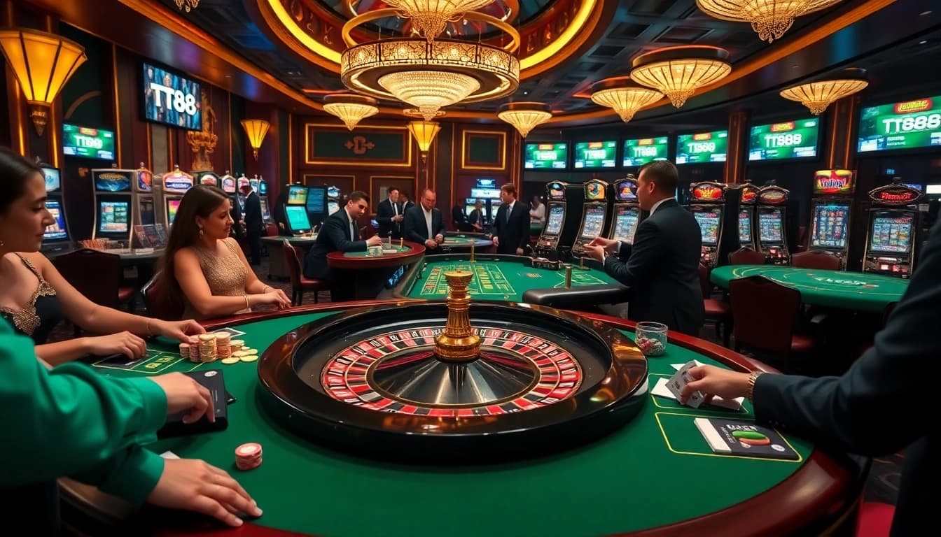 Players enjoying thrilling table games at TT88 casino, with vibrant roulette and blackjack action.