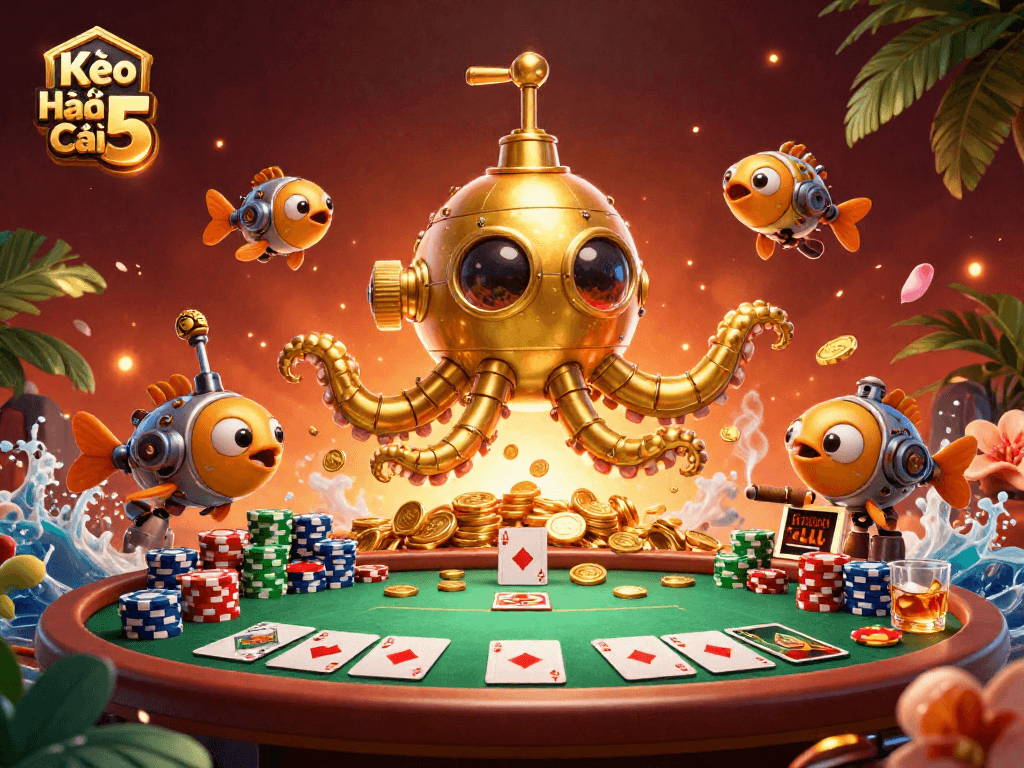 Kèo Nhà Cái 5 showcases a thrilling poker scene with a unique golden kraken submarine surrounded by colorful poker chips and cards.