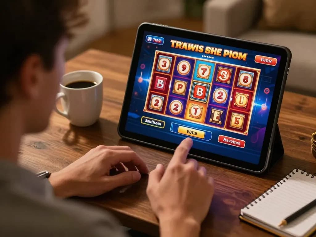 Player enjoying an engaging slot game on a tablet in a cozy home, illustrating responsible gaming.