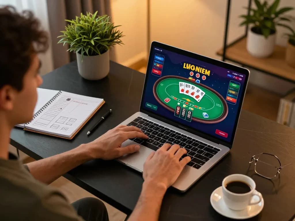 Engaging in 555win online poker strategy at a cozy home setup with a laptop.