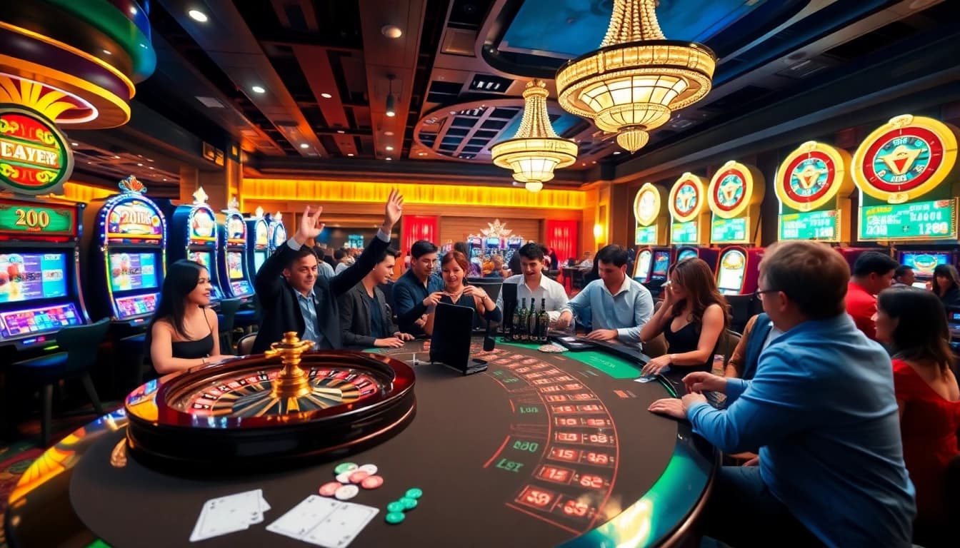 Experience the excitement of lego138 at a luxurious casino featuring vibrant gaming tables and eager players.