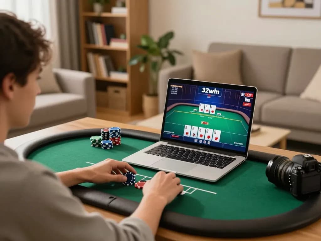 Playing poker online at home with 32win health, showcasing laptop screen with game interface and cozy surroundings.
