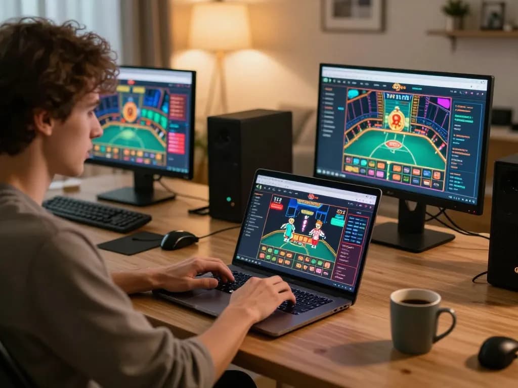 Engaging in strategic gameplay at nhất vip casino from home with a laptop.