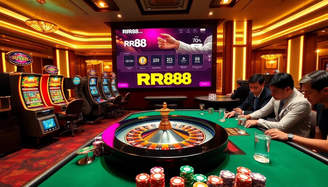 Action-packed scene showcasing RR88 with players engaged in poker and roulette at a luxurious casino setting.