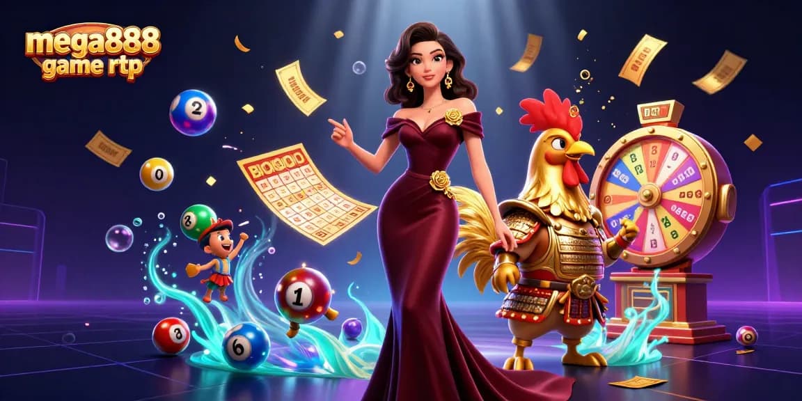 Engage with mega888 game rtp visuals showcasing vibrant lottery elements and characters in a casino atmosphere.