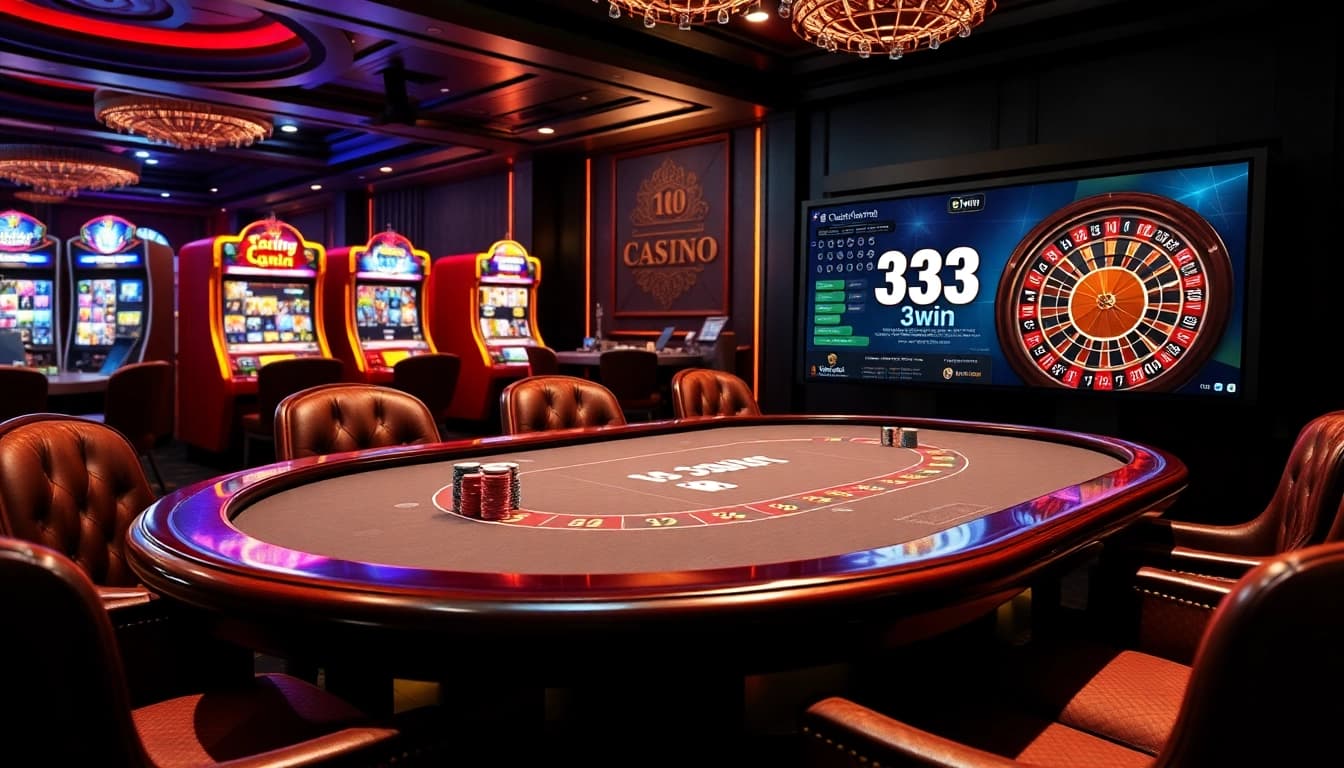 Experience the thrill of 33win at a luxurious casino table with vibrant slot machines and roulette.