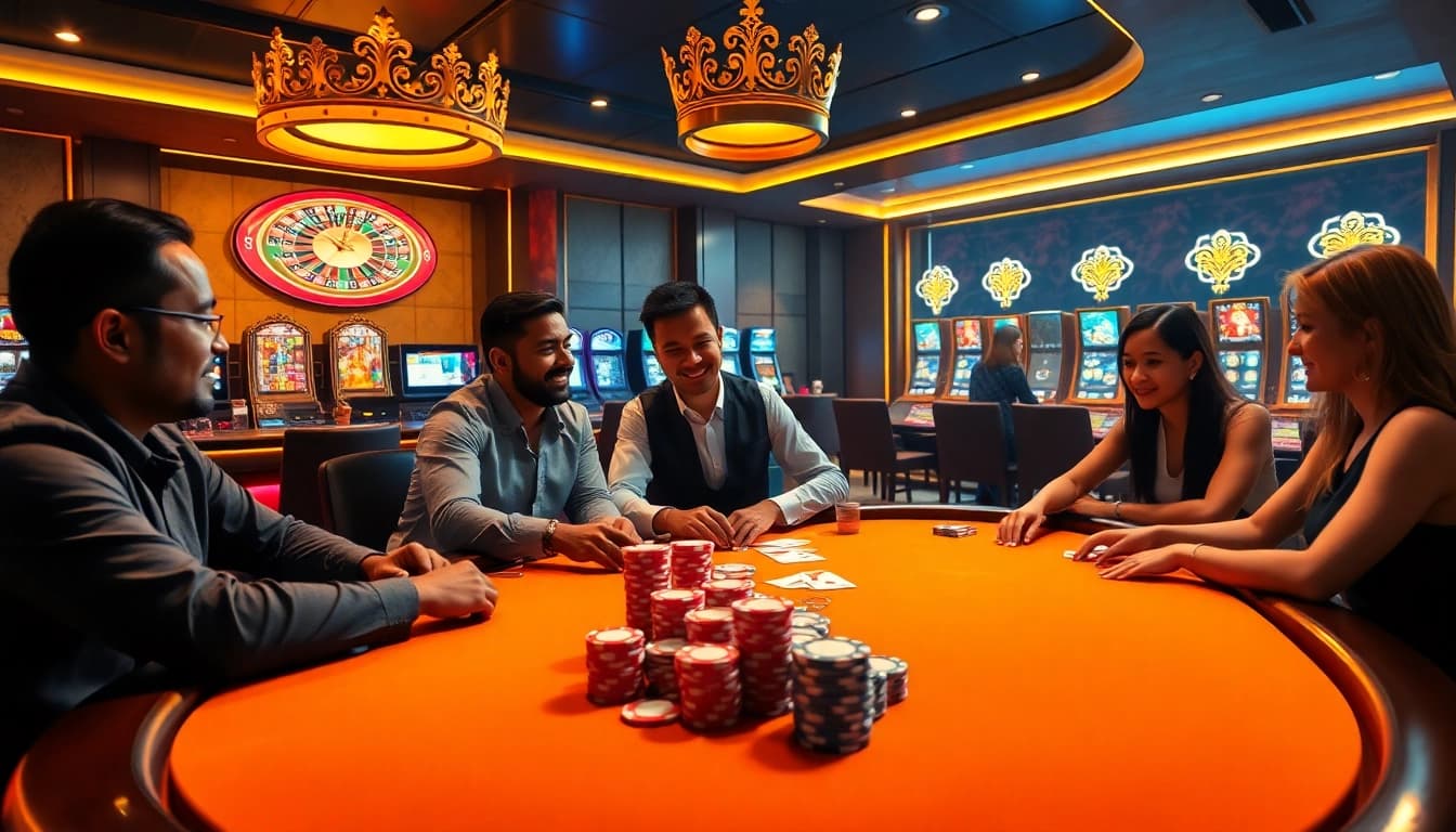 Exciting raja luck casino scene with players at a poker table showcasing vibrant chips and roulette.