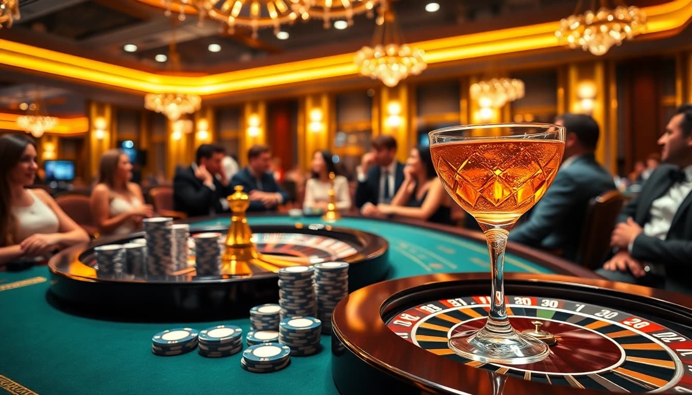 Experience the thrill of tg88 with lively casino tables, poker chips, and a roulette wheel.