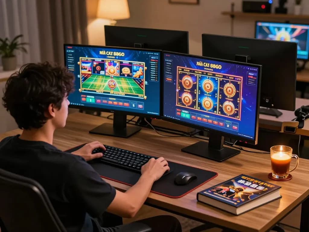 Player experiencing dynamic games at nhà cái 88GO on dual monitors, emphasizing online casino engagement.
