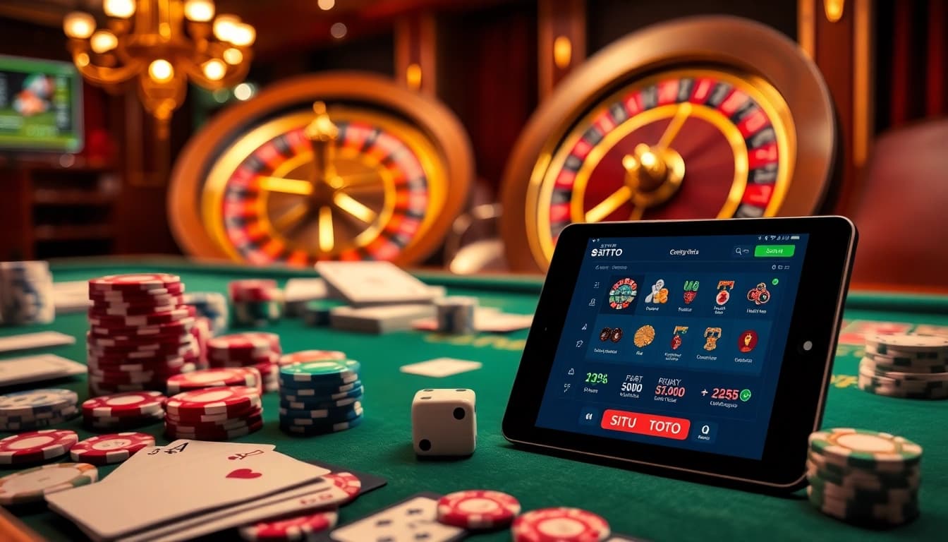 Engage with the excitement of situs toto at a vibrant casino featuring poker chips, dice, and a roulette wheel.