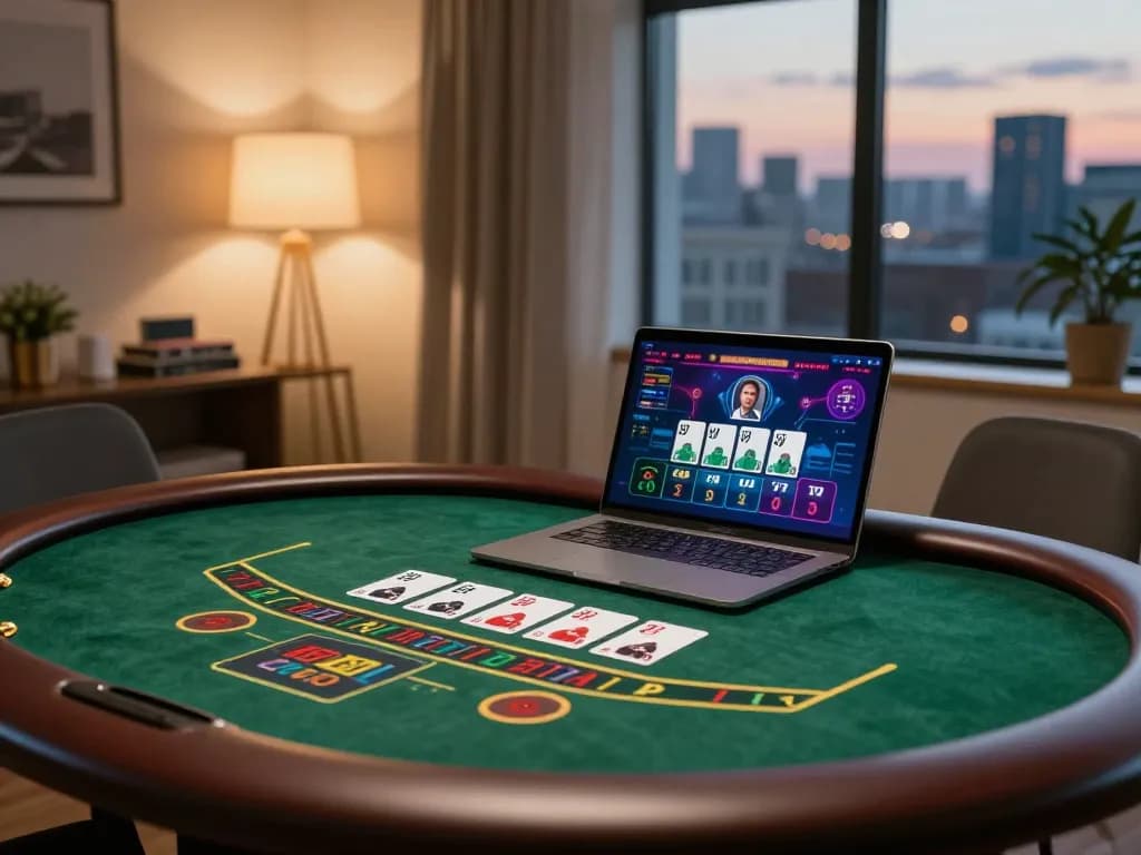 MMOO online gameplay on a laptop showcasing strategic Blackjack actions in a cozy home setting.