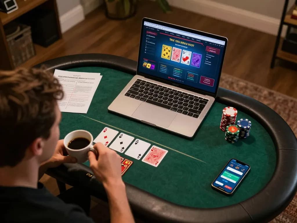 Engaged player enjoying online poker at nhà cái 88aa on a laptop, showcasing betting strategy notes.